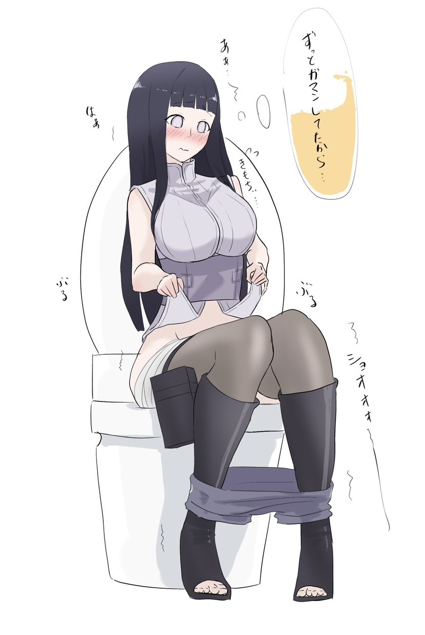 1girl artist_request black_boots black_hair blunt_bangs blush boots breasts clothes_lift clothes_pull female_focus highres hyuuga_hinata japanese_text large_breasts lifting_own_clothes long_hair naruto_(series) naruto_shippuuden no_pupils open-toe_boots peeing purple_shirt purple_shorts shirt shirt_lift shorts shorts_pull simple_background sitting sleeveless solo speech_bubble thighhighs thought_bubble toilet toilet_use translation_request turtleneck urine_meter white_background