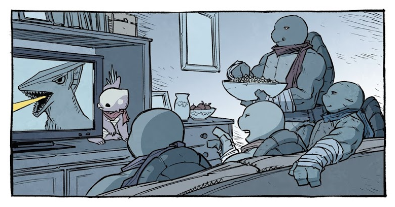 bandaged_arm bandages book bowl box breath_weapon couch crossover daiei_motion_picture donatello_(tmnt) dresser eating energy energy_beam food fruit gamera_(series) gamera_vs._gyaos gyaos kaiju laser leonardo_(tmnt) living_room michelangelo_(tmnt) mouth_beam no_humans official_art popcorn raphael_(tmnt) scarf sharp_teeth sophie_cranker supersonic_scalpel teenage_mutant_ninja_turtles teeth television turtle vase yellow_laser