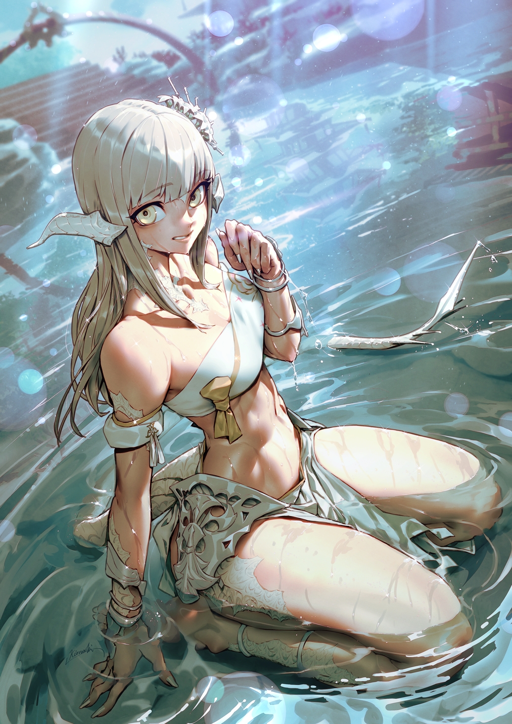 1girl bandeau blunt_bangs bracelet breasts character_request commission final_fantasy final_fantasy_xiv grey_eyes highres horns jewelry kionaoki long_hair looking_at_viewer navel pelvic_curtain seiza sitting small_breasts solo stomach strapless thighs tube_top water white_hair