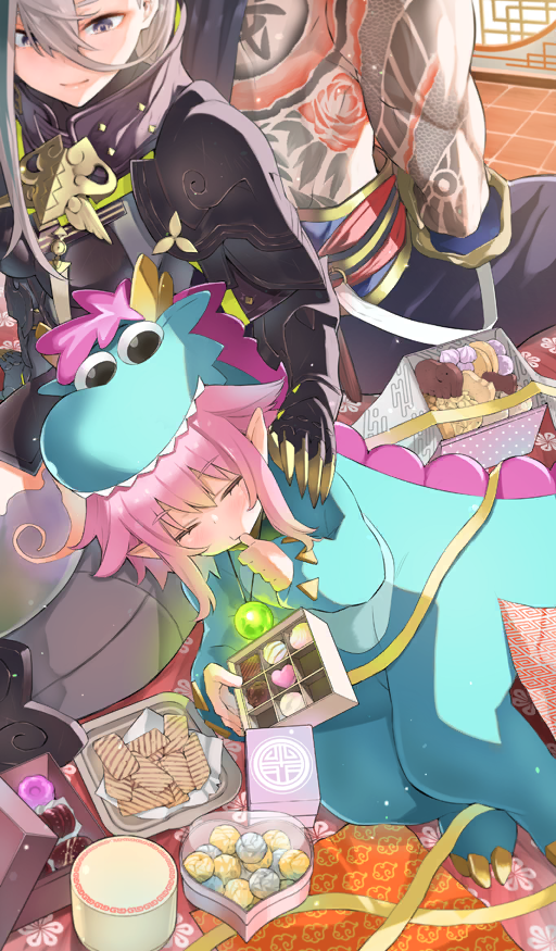 1boy 2girls animal_costume armor armored_boots black_hair black_pants bodysuit boots box breastplate breasts candy dragon_costume dragon_girl dragon_horns fate/grand_order fate_(series) flower_tattoo food gauntlets gift gift_box green_hair grey_bodysuit grey_eyes hair_between_eyes high_collar horns huyan_zhuo_(fate) huyan_zhuo_(second_ascension)_(fate) kojima_takeshi eliza_the_nine-tattooed_dragon_(fate) large_breasts long_hair multicolored_hair multiple_girls official_art onesie pajamas pants pauldrons pink_hair pointy_ears sash shoulder_armor sidelocks sitting sleeping small_breasts streaked_hair tail tattoo very_long_hair white_hair yan_qing_(fate)