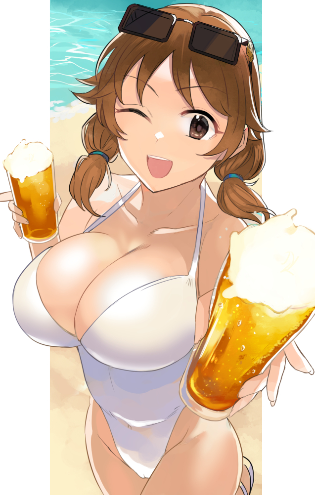 1girl ;d alcohol ashita_(2010) beach beer breasts brown_eyes brown_hair cleavage collarbone commentary_request cup eyewear_on_head glasses highleg highleg_one-piece_swimsuit holding holding_cup idolmaster idolmaster_cinderella_girls katagiri_sanae large_breasts looking_at_viewer medium_hair ocean one-piece_swimsuit one_eye_closed open_mouth short_twintails smile solo swimsuit thighs twintails white_one-piece_swimsuit