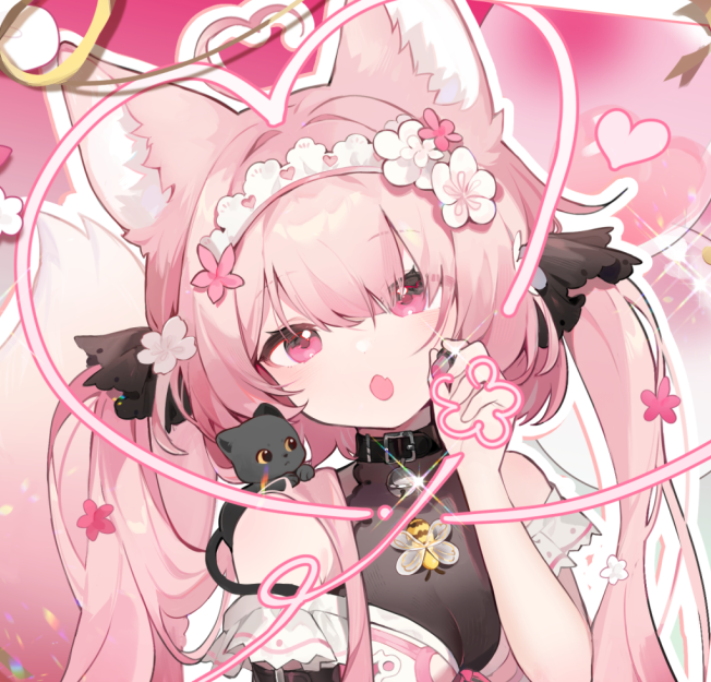 1girl animal animal_ears animal_on_shoulder arin_(fanfan013) arm_belt bare_shoulders bee bell belt belt_buckle belt_collar black_belt black_cat black_shirt breasts buckle bug cat cat_on_shoulder cleavage collar commentary commission eyelashes eyes_visible_through_hair fang flower fox_ears fox_tail frilled_hairband frills gleam hair_between_eyes hair_flower hair_ornament hairband halter_shirt halterneck hand_up heart heart_of_string heart_print holding holding_stylus insect kitten large_breasts layered_shirt light_blush long_hair looking_at_viewer neck_bell off-shoulder_shirt off_shoulder open_mouth original outline pink_background pink_eyes pink_flower pink_hair pink_hairband pleated_sleeves puffy_short_sleeves puffy_sleeves see-through_clothes see-through_shirt shirt short_sleeves simple_background skin_fang solo sparkle stylus tail twintails upper_body white_flower white_outline white_shirt