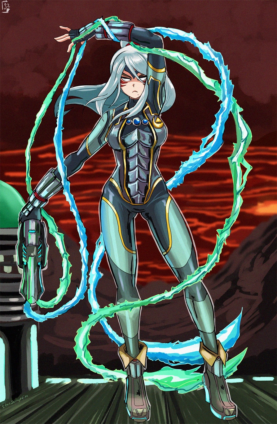1girl alternate_color alternate_costume alternate_eye_color alternate_hair_color alternate_weapon armor blue_gemstone bodysuit boots breastplate breasts chest_jewel commentary corruption crescent crescent_print crossover dark_persona double_helix energy_whip english_commentary facial_mark facial_tattoo fierce_deity fingerless_gloves frown gem gloves glowing high_heel_boots high_heels highres holding holding_weapon holding_whip lava long_hair looking_down metroid metroid:_zero_mission nintendo no_pupils outstretched_arms ponytail possessed possession samus_aran serious skin_tight standing stoic_seraphim super_smash_bros. tattoo the_legend_of_zelda the_legend_of_zelda:_majora&#039;s_mask triangle triangle_print weapon whip white_eyes white_hair wrist_guards zero_suit
