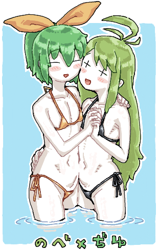 +_+ 2girls ahoge bikini black_bikini blue_background blush bow colored_skin cookie_(touhou) cowboy_shot crossover daiyousei diyusi_(cookie) flat_chest green_hair hair_between_eyes hair_bow hand_on_another&#039;s_shoulder holding_hands long_hair looking_at_viewer lowres man_(man-room) multiple_girls navel open_mouth ripples short_hair side-tie_bikini_bottom smile swimsuit tone_sphere touhou trin_(tone_sphere) white_skin yellow_bow