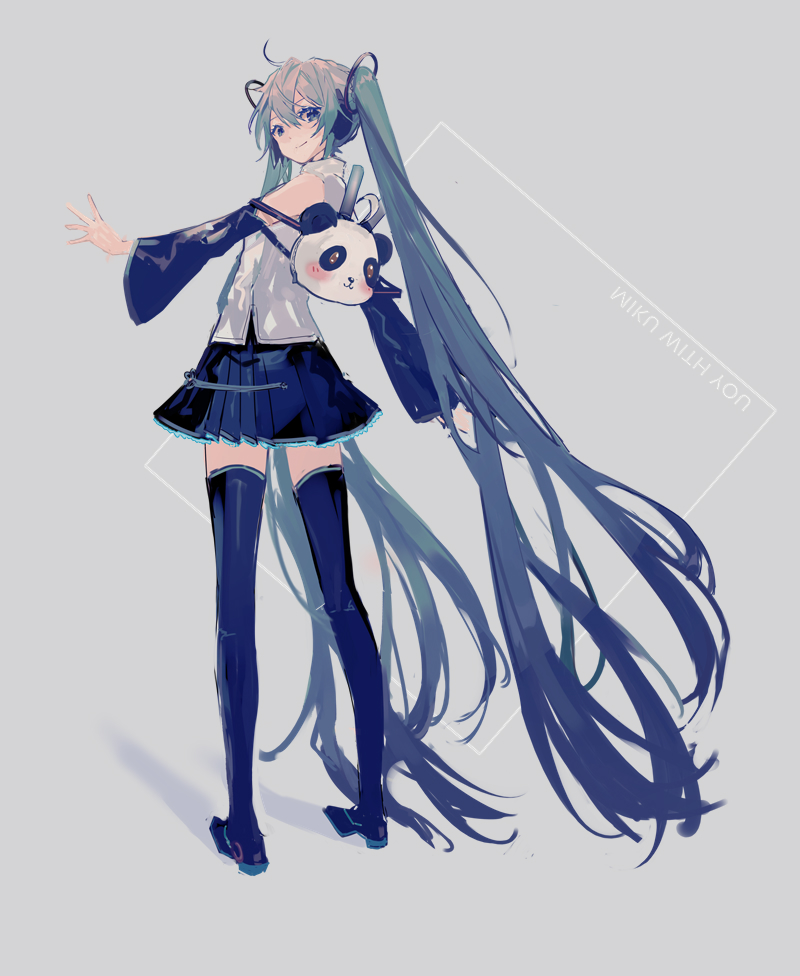 1girl absurdly_long_hair ahoge backpack bag bare_shoulders black_boots black_skirt black_sleeves black_thighhighs blue_eyes boots closed_mouth detached_sleeves english_text female_focus full_body green_hair grey_background hair_between_eyes hair_ornament hatsune_miku long_hair long_sleeves looking_at_viewer looking_back mamenomoto mirrored_text pleated_skirt shadow shirt skirt sleeveless sleeveless_shirt smile solo standing thigh_boots thighhighs twintails very_long_hair vocaloid white_shirt wide_sleeves