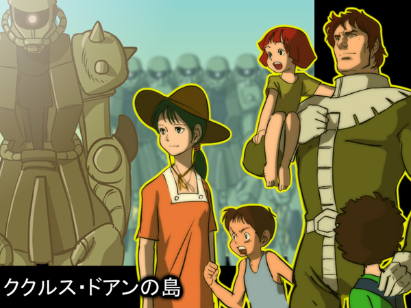 brown_hair carrying_over_shoulder cucuruz_doan green_hair gundam hat mobile_suit_gundam multiple_boys multiple_girls nippori_honsha pilot_suit ponytail red_hair rolland_chuan sitting zaku zaku_ii