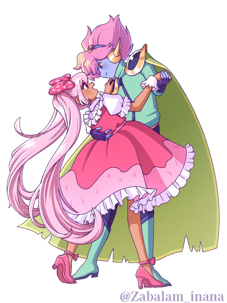 1boy 1girl blue_gloves blue_skin bow cape captain_spaceboy closed_mouth colored_sclera colored_skin dark-skinned_female dark_skin dress fingerless_gloves gloves green_cape hair_bow high_heels long_hair long_sleeves looking_at_another omori open_mouth pink_bow pink_dress pink_eyes pink_hair polka_dot polka_dot_bow short_hair simple_background smile sweetheart_(omori) twintails white_background yellow_sclera zabalam_inana