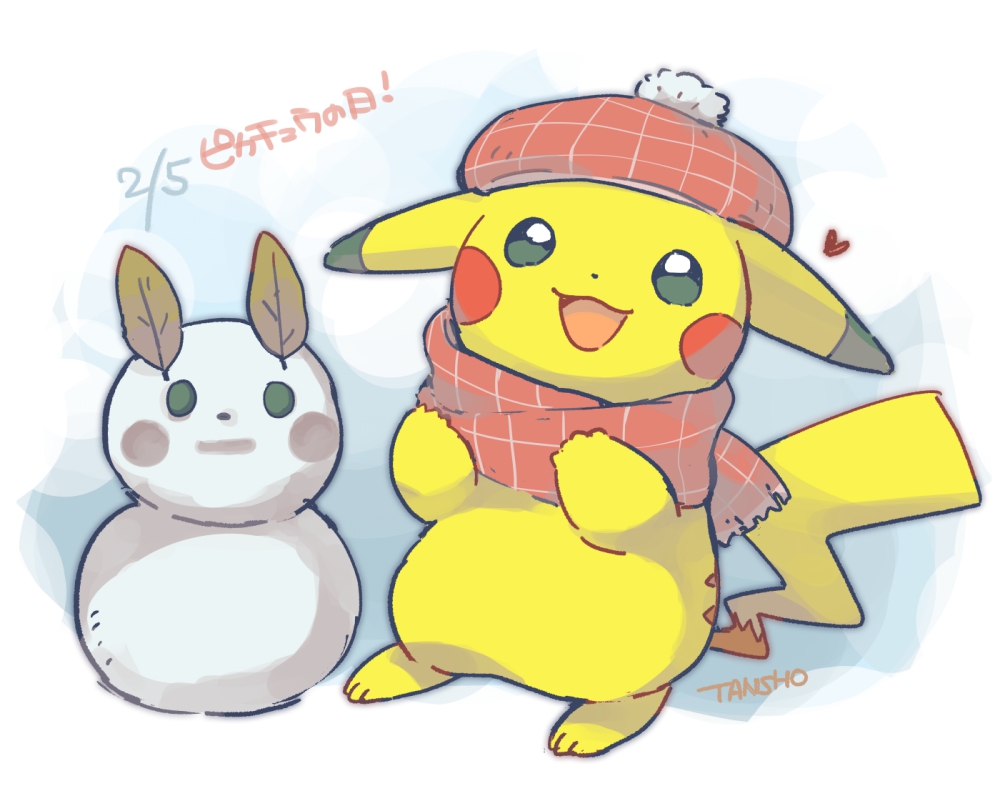 bright_pupils commentary_request gen_1_pokemon green_eyes hat heart leaf looking_up nintendo no_humans open_mouth pikachu pokemon pokemon_(creature) red_hat red_scarf scarf smile snow snowman solo standing tail tansho translation_request white_pupils