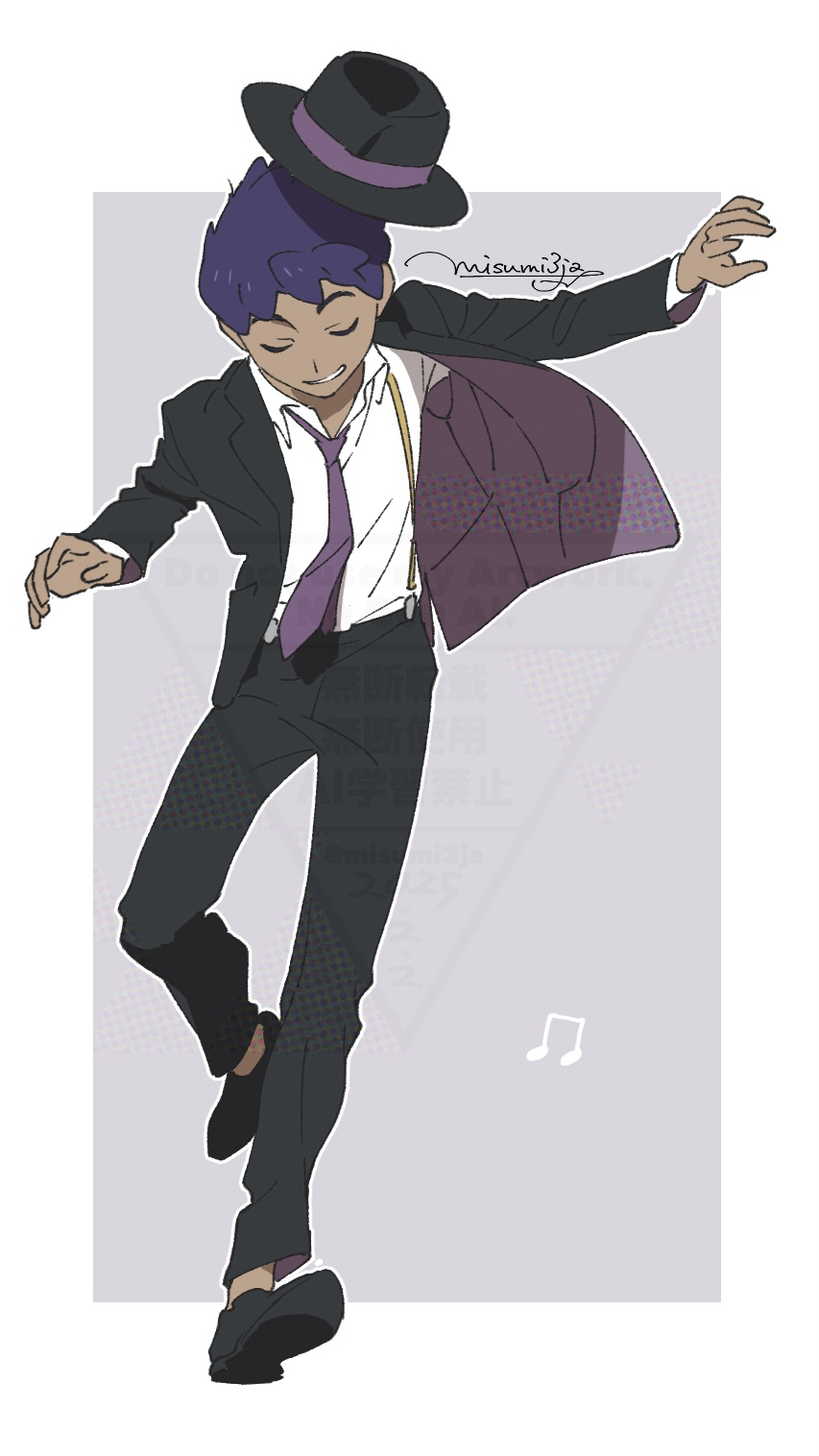 1boy alternate_costume black_hat black_jacket black_pants black_shoes border closed_eyes collared_shirt commentary creatures_(company) dark-skinned_male dark_skin full_body game_freak grey_background grin hat highres hop_(pokemon) jacket male_focus musical_note necktie nintendo open_clothes open_jacket outside_border pants pokemon pokemon_swsh purple_necktie sankaku shirt shoes short_hair signature smile solo standing suspenders teeth watermark white_border white_shirt