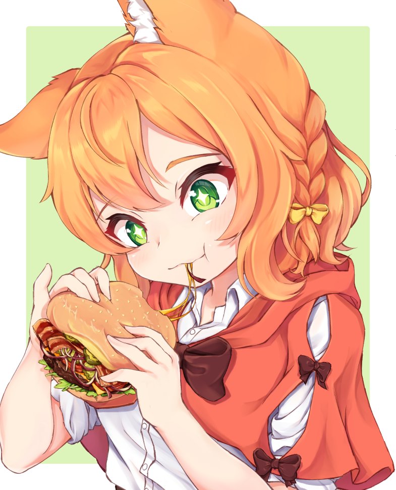 +_+ 1girl bacon bow braid brown_bow burger cheese collared_shirt eating food green_background green_eyes hair_bow holding holding_food lettuce medium_hair meemo orange_hair original pickle shirt sleeves_rolled_up smile solo upper_body white_shirt yellow_bow