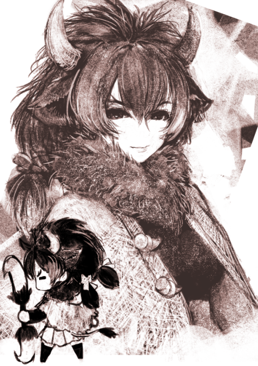 1girl american_bison_(kemono_friends) animal_ears cow_ears cow_girl cow_horns cow_tail extra_ears full_body horns ise_(0425) jacket kemono_friends long_hair looking_at_viewer ribbon scarf shirt skirt tail thighhighs upper_body weapon