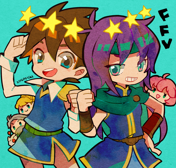 2boys 3girls 73_(naa) blonde_hair blue_eyes brown_hair bartz_klauser chibi faris_scherwiz final_fantasy final_fantasy_v galuf_halm_baldesion hairband hand_on_own_hip krile_mayer_baldesion_(ff5) lenna_charlotte_tycoon long_hair long_sleeves looking_at_viewer mature_male moogle multiple_boys multiple_girls pink_hair purple_hair short_hair star_(symbol) white_hair