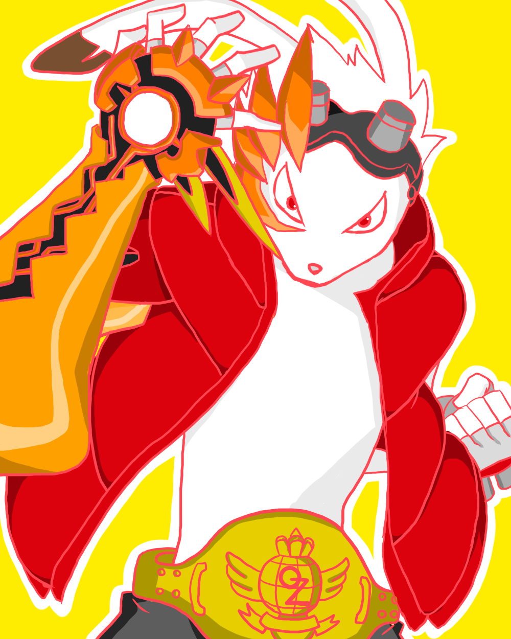 1boy belt championship_belt clenched_hand colored_skin commentary_request fingerless_gloves furry furry_male gloves goggles goggles_on_head grey_gloves highres king_kazma looking_at_viewer male_focus open_clothes open_vest rabbit_boy red_vest sera_(hitsuji_to_kitsune) solo summer_wars upper_body vest white_skin yellow_background