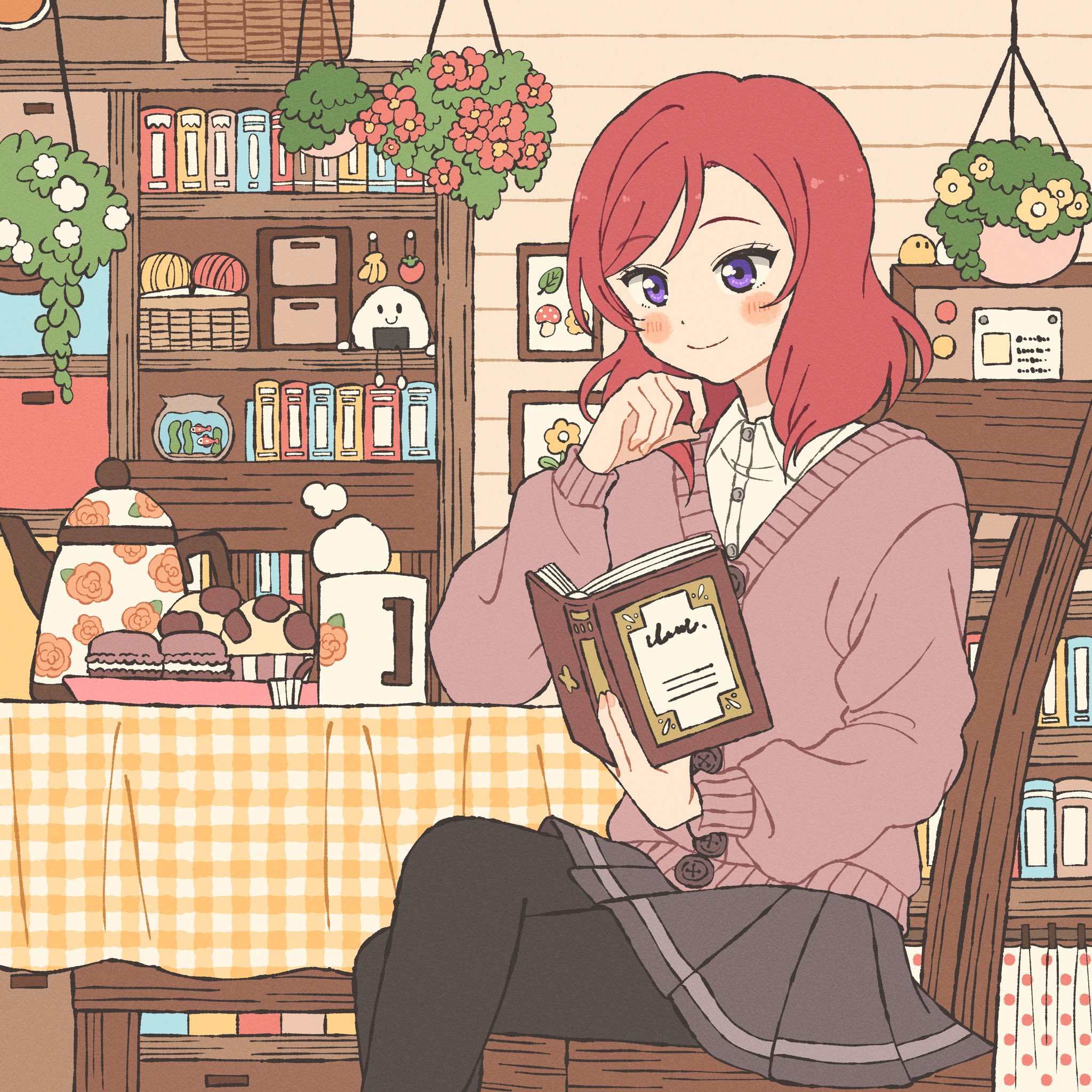 1girl black_pantyhose blush book bookshelf chair commentary crossed_legs cup eeppa fishbowl food grey_skirt highres holding holding_book long_sleeves love_live! love_live!_school_idol_project medium_hair mug nishikino_maki onigiri open_book pantyhose photo_(object) pink_sweater_vest plant potted_plant purple_eyes red_hair shelf shirt sitting skirt smile sweater_vest symbol-only_commentary table tablecloth white_shirt