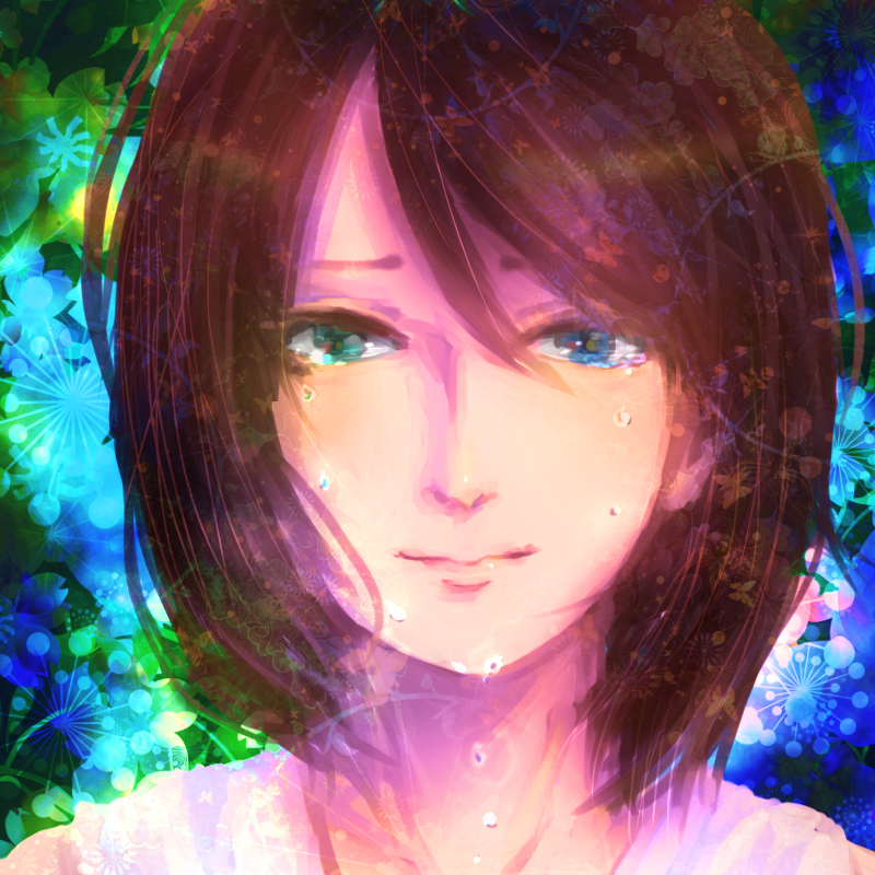 00s 1girl brown_hair crying female_focus final_fantasy final_fantasy_x heterochromia japanese_clothes naokiiko portrait short_hair solo yuna yuna_(ff10)
