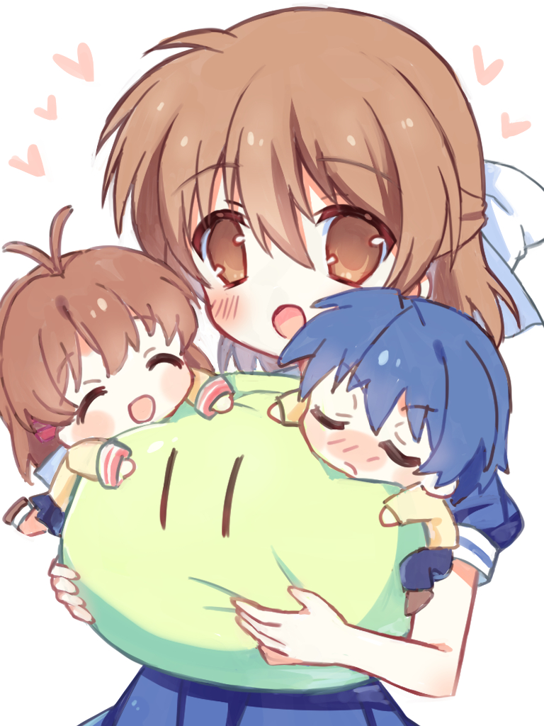 1boy 2girls ^_^ antenna_hair blue_hair blue_shirt blush bow brown_eyes brown_hair chibi chibi_inset child clannad closed_eyes commentary_request couple dango_daikazoku embarrassed eyes_visible_through_hair family father_and_daughter frown furukawa_nagisa hair_between_eyes hair_bow half_updo happy haruchimo heart hetero hikarizaka_private_high_school_uniform holding jacket medium_hair mother_and_daughter multiple_girls nose_blush okazaki_tomoya okazaki_ushio open_mouth puffy_short_sleeves puffy_sleeves school_uniform shirt short_sleeves simple_background smile solo_focus upper_body white_background white_bow yellow_jacket |_|
