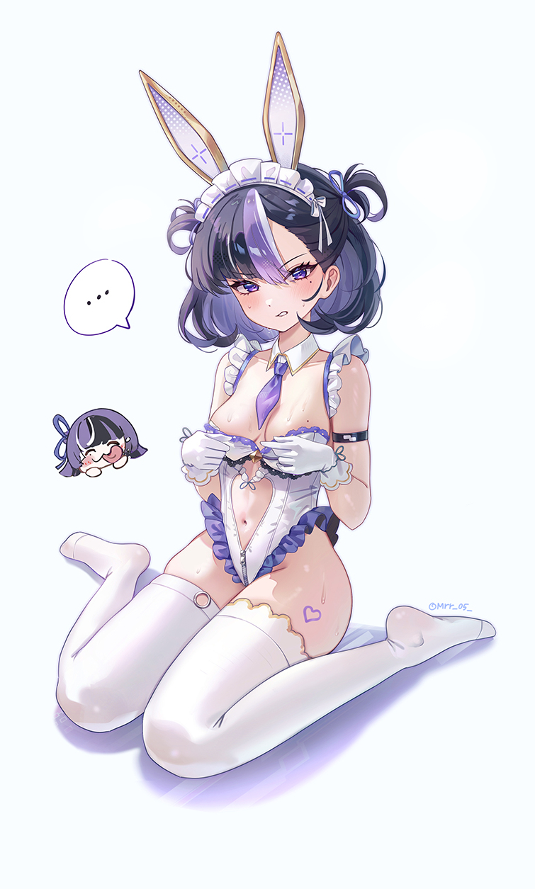... 2girls alternate_costume animal_ears black_hair breasts cleavage clothing_cutout commentary fake_animal_ears gloves goddess_of_victory:_nikke half-sisters head_only highres jien_(nikke) leotard maid_headdress mole mole_on_breast mole_under_eye mrr_05 multicolored_hair multiple_girls multiple_moles navel navel_cutout necktie no_shoes one_eye_closed playboy_bunny purple_eyes purple_hair purple_necktie rabbit_ears short_hair simple_background sitting small_breasts spoken_character spoken_ellipsis sweat symbol-only_commentary syuen_(nikke) thighhighs thighs tongue tongue_out twitter_username two-tone_hair wariza white_background white_gloves white_leotard white_thighhighs