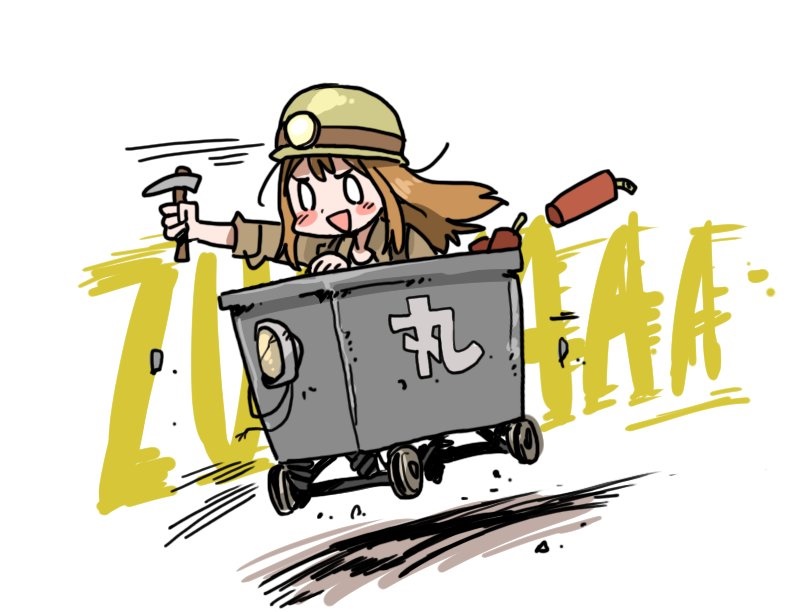 0_0 10s 1girl :&gt; anyan_(jooho) blush blush_stickers chibi dynamite explosive female_focus helmet holding kunikida_hanamaru long_hair love_live! love_live!_sunshine!! mine_cart outstretched_arm pickaxe solo triangle_mouth upper_body