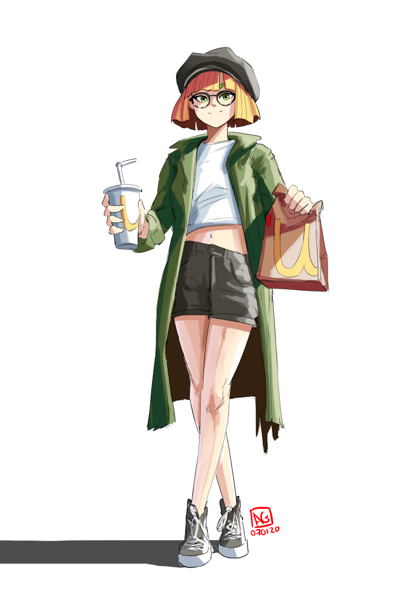 1girl arms_(game) automatic_giraffe bag beret black-framed_eyewear black_shoes black_shorts blonde_hair bob_cut coat cup disposable_cup drink fast_food full_body glasses green_coat green_eyes hat midriff min_min_(arms) no_mask paper_bag shirt shoes short_hair shorts solo white_shirt