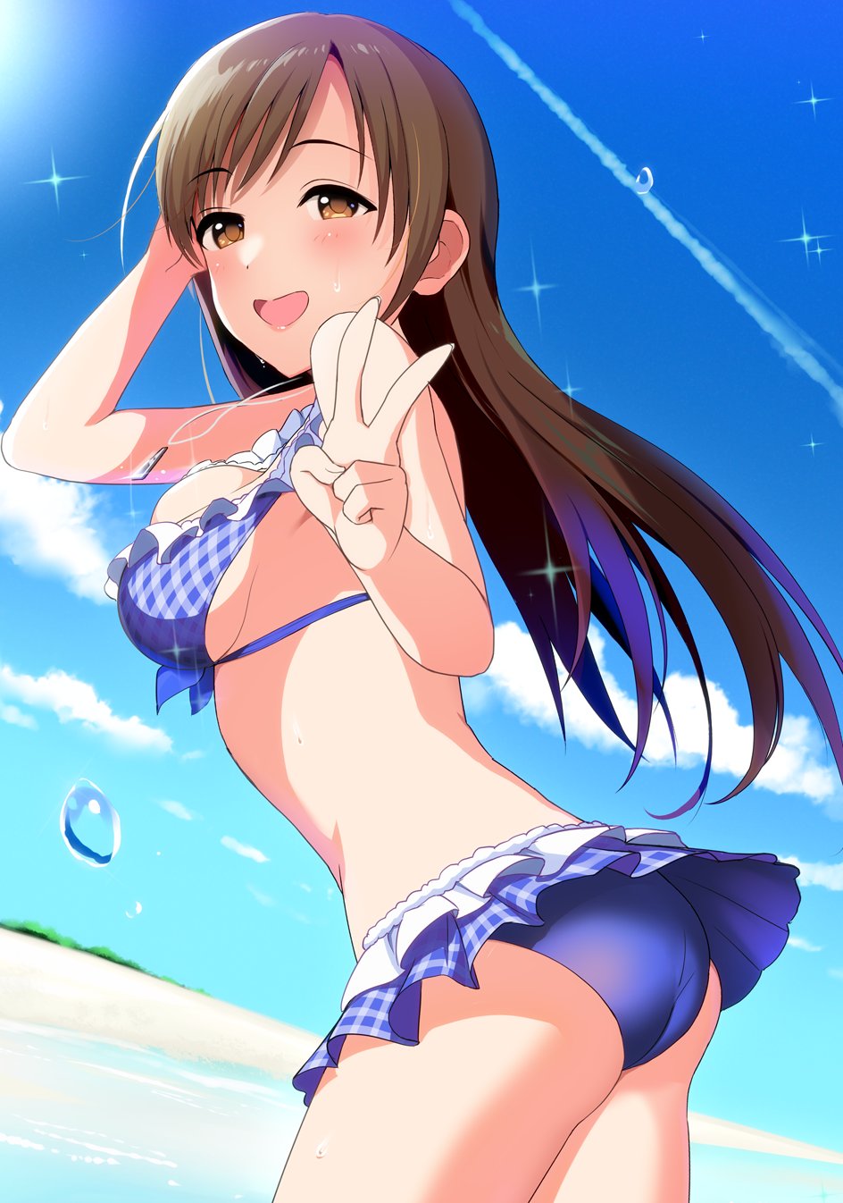 1girl ass bare_shoulders beach bikini bikini_skirt blue_bikini blue_sky blush breasts brown_eyes brown_hair contrail day dot_nose floating_hair frilled_bikini frills from_side hand_on_own_head hands_up highres horizon idolmaster idolmaster_cinderella_girls idolmaster_cinderella_girls_starlight_stage jewelry leaning_forward long_hair looking_at_viewer medium_breasts natsuya_(natuya777) necklace nitta_minami ocean open_mouth outdoors plaid_bikini plaid_clothes sideboob sky smile solo sparkle sunlight sweat swimsuit v water_drop
