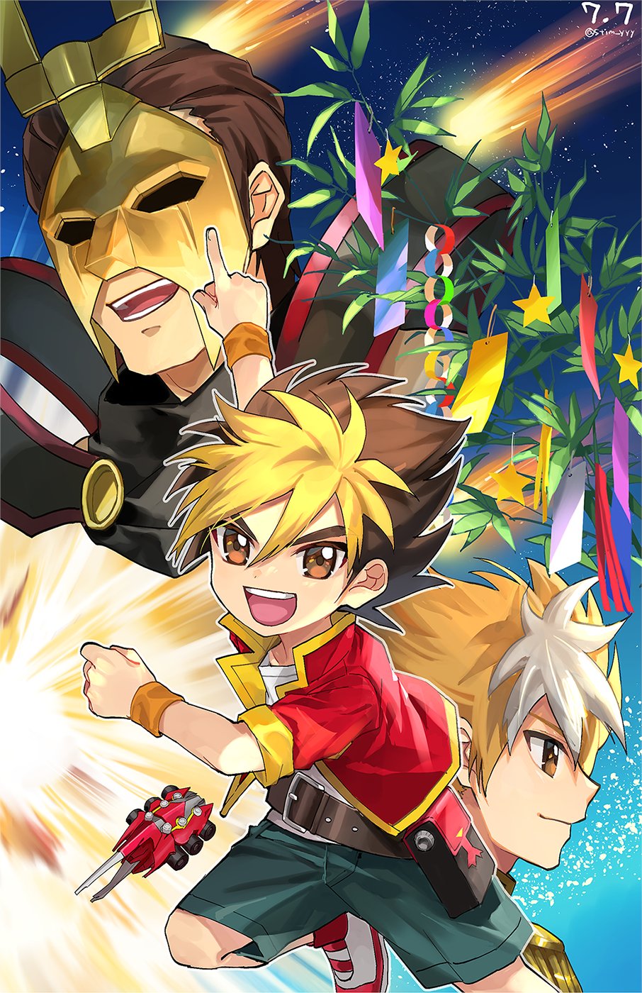 3boys amanogawa_ginga amanogawa_ryuusei amanogawa_taiki aqua_shorts artist_name bamboo belt belt_pouch big_bang_(kabutoborg) black_hair blonde_hair brothers brown_belt brown_eyes brown_hair child closed_mouth collared_jacket commentary dated epaulettes family father_and_son hercules_beetle highres index_finger_raised jacket jinzou_konchuu_kabutoborg_vxv kuroda_(kuro_yyy) looking_at_viewer male_focus mask multicolored_hair multiple_boys open_mouth pouch red_jacket red_shoes shoes shooting_star short_hair shorts siblings sky smile sneakers star_(sky) star_(symbol) starry_sky tanabata tanzaku tomcat_red_beetle_(kabutoborg) toy toy_car twitter_username two-tone_hair white_hair wristband