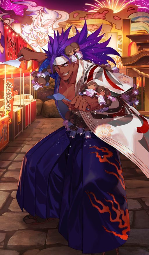 1boy bhima_(event_portrait)_(fate) bhima_(fate) black_socks character_doll collarbone commentary_request dark-skinned_male dark_skin doll fate/grand_order fate_(series) fireworks food_stand foot_out_of_frame grin hakama hakama_pants headband holding japanese_clothes kimono legs_apart long_hair looking_at_viewer male_focus midriff_sarashi night object_request official_alternate_costume official_art open_clothes open_kimono pako_(pakosun) pants pectorals purple_eyes purple_hair purple_hakama purple_pants sandals sarashi smile socks solo summer_festival tabi teeth third-party_source white_headband white_kimono wide_sleeves