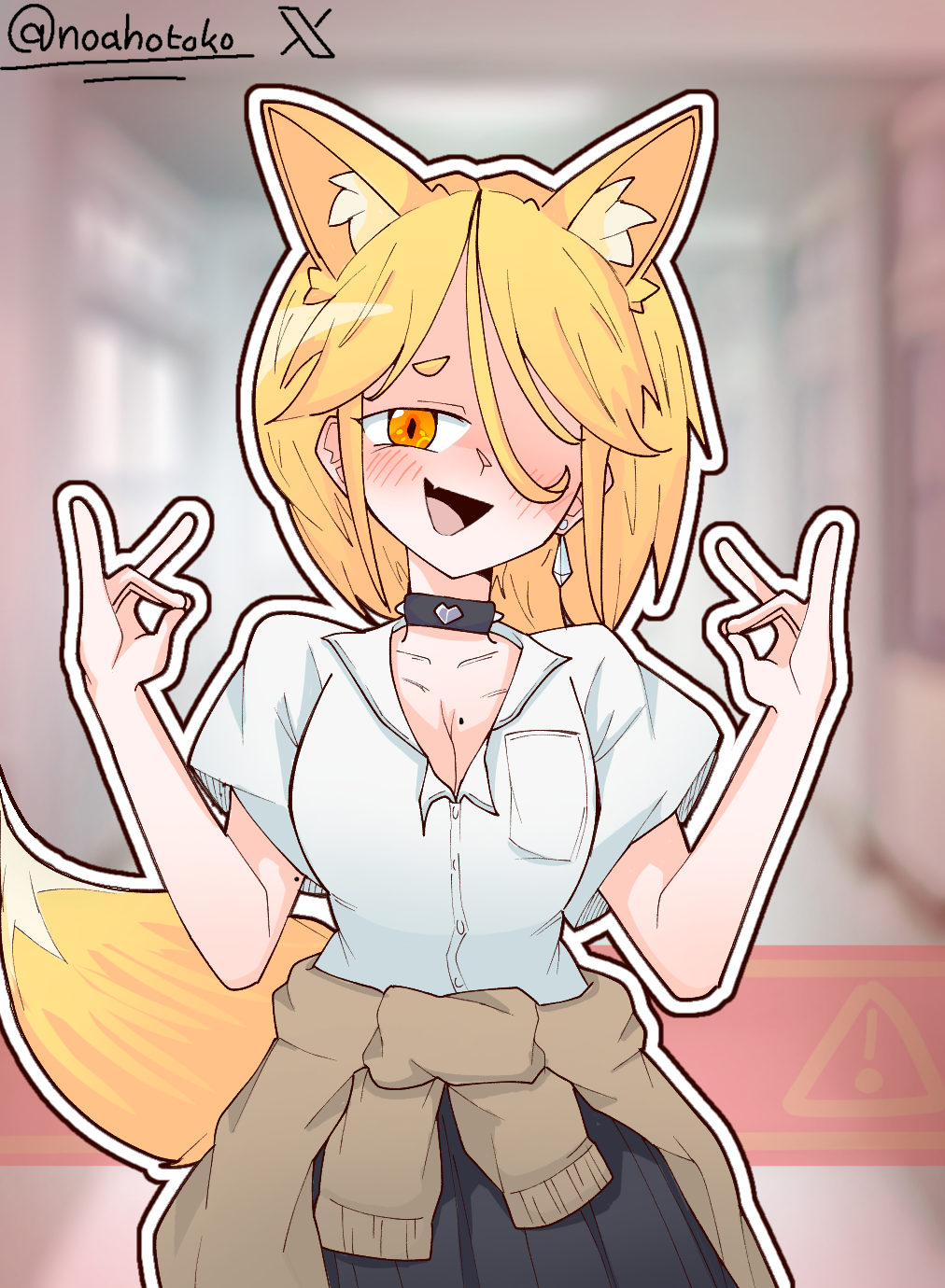 animal_ears breasts earrings fox_ears fox_girl fox_shadow_puppet fox_tail gyaru highres jewelry kudamaki_tsukasa mole mole_on_breast signed tail touhou