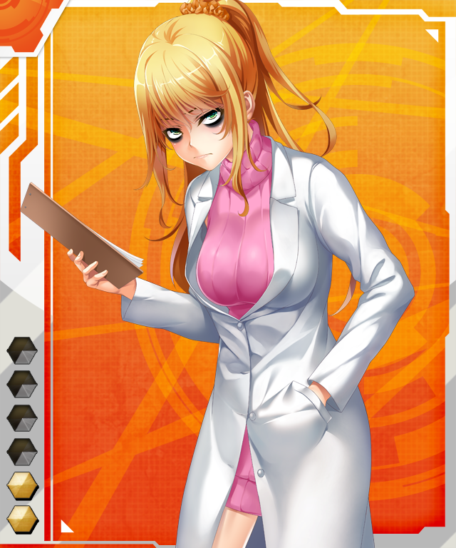 1girl bare_legs blonde_hair blush breasts card_(medium) card_(orange-r) card_(r) clipboard curvy female_focus gara_ayuri green_eyes large_breasts lilith-soft long_hair looking_at_viewer mirena_laevateinn ponytail shiny_skin solo standing taimanin_(series) taimanin_asagi_battle_arena_all_card_gallery taimanin_asagi_kessen_arena