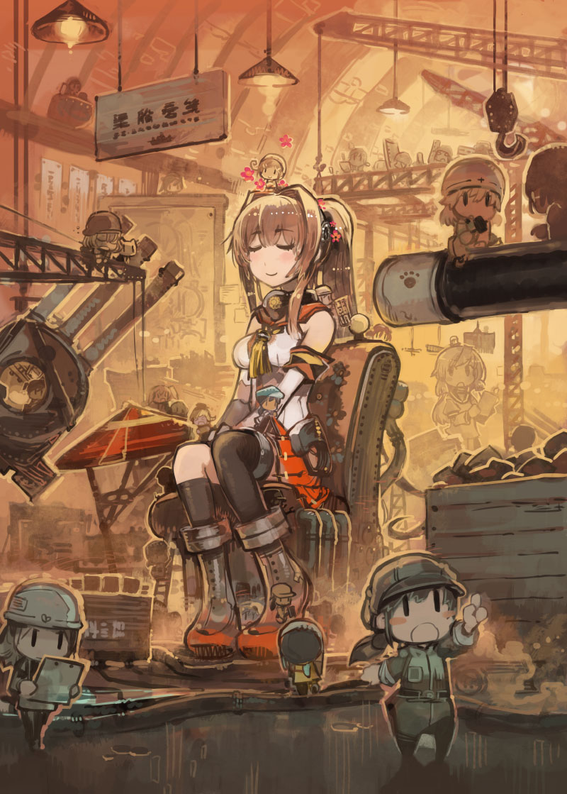 10s 6+girls akashi_(kancolle) asymmetrical_legwear boots breasts brown_hair clipboard closed_eyes collar construction_site crane_(machine) elbow_gloves fairy_(kancolle) flower gloves hair_flower hair_ornament hakama hakama_hold hakama_skirt hand_up hands_on_lap hard_hat helmet helmet_musume_(kancolle) japanese_clothes kantai_collection konno_takashi_(frontier_pub) large_breasts long_hair maintenance_musume_(kancolle) multiple_girls overalls parasol ponytail school_uniform serafuku sidelocks sitting skirt sleeveless smile thighhighs umbrella uneven_legwear yamato_(kancolle)