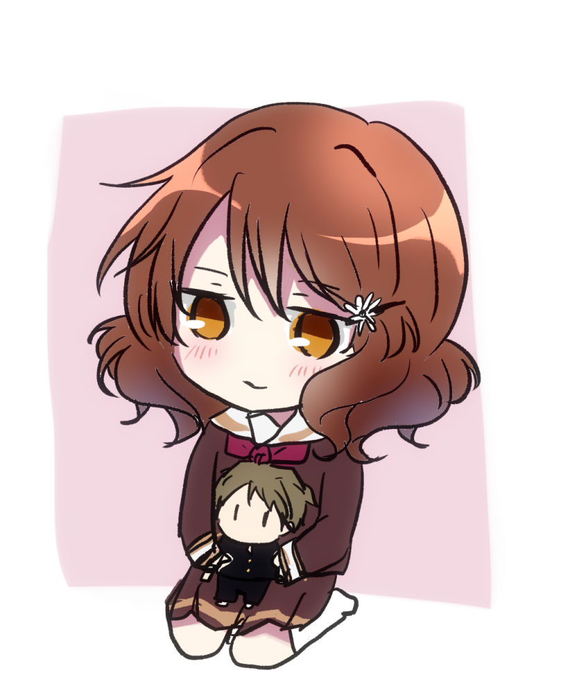 1boy 1girl border bow bowtie brown_hair brown_serafuku brown_skirt chibi closed_mouth doll full_body hibike!_euphonium kitauji_high_school_uniform kneehighs long_sleeves multiple_boys oumae_kumiko outside_border pink_background red_bow red_bowtie sae_(renkyuuake) sailor_collar school_uniform seiza serafuku short_hair simple_background sitting skirt socks tsukamoto_shuuichi white_border white_sailor_collar white_socks yellow_eyes