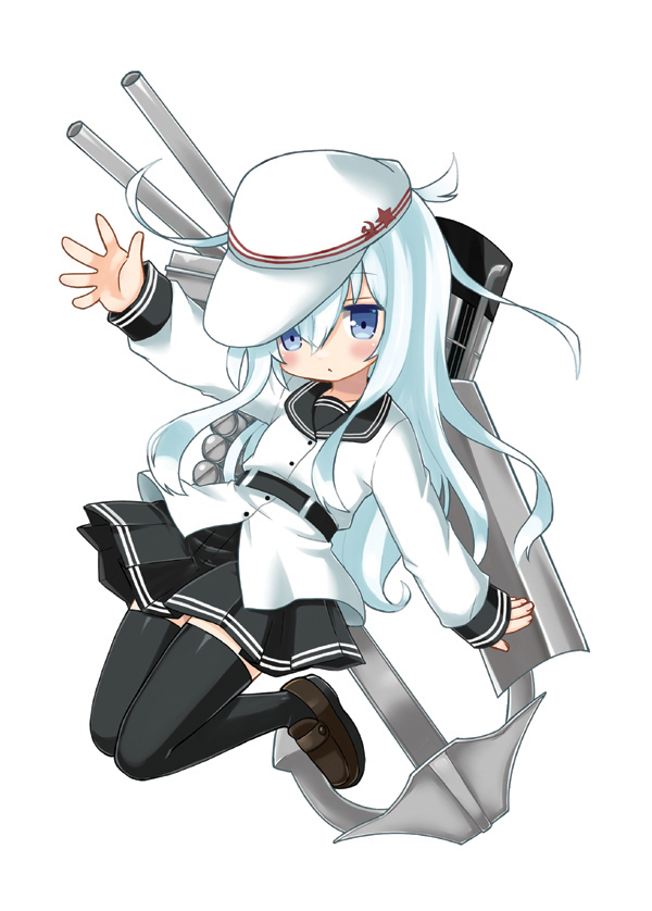 1girl black_sailor_collar black_shoes black_skirt black_thighhighs blue_eyes cannon flat_cap full_body hammer_and_sickle hat hibiki_(kancolle) kantai_collection loafers long_hair pleated_skirt rikaon sailor_collar sailor_shirt school_uniform serafuku shirt shoes simple_background skirt solo thighhighs verniy_(kancolle) white_background white_hair white_hat white_shirt