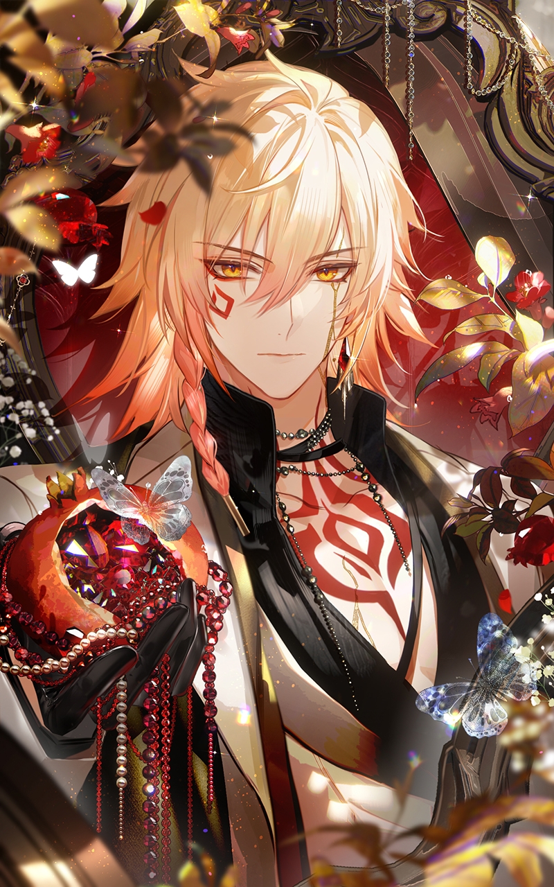 1boy apple black_gloves black_shirt blonde_hair braid bug butterfly chest_tattoo chinese_commentary commentary_request crystal_earrings earrings facial_tattoo food fruit gloves gradient_hair hair_between_eyes highres holding holding_food holding_fruit honkai:_star_rail honkai_(series) insect jacket jewelry lapels liquid_gold male_focus medium_hair multicolored_hair mydei_(honkai:_star_rail) pectoral_cleavage pectorals red_hair red_tattoo shirt side_braid solo suit_jacket tattoo upper_body white_jacket yellow_eyes zuozhan_xing59