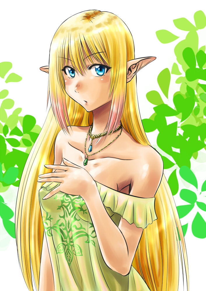 1girl bare_shoulders blonde_hair blue_eyes breasts collared_shirt dress elf gate_-_jieitai_ka_no_chi_nite_kaku_tatakaeri gem hand_on_own_chest jewelry looking_at_viewer medium_breasts necklace pointy_ears sao_satoru shirt solo strapless strapless_dress tuka_luna_marceau