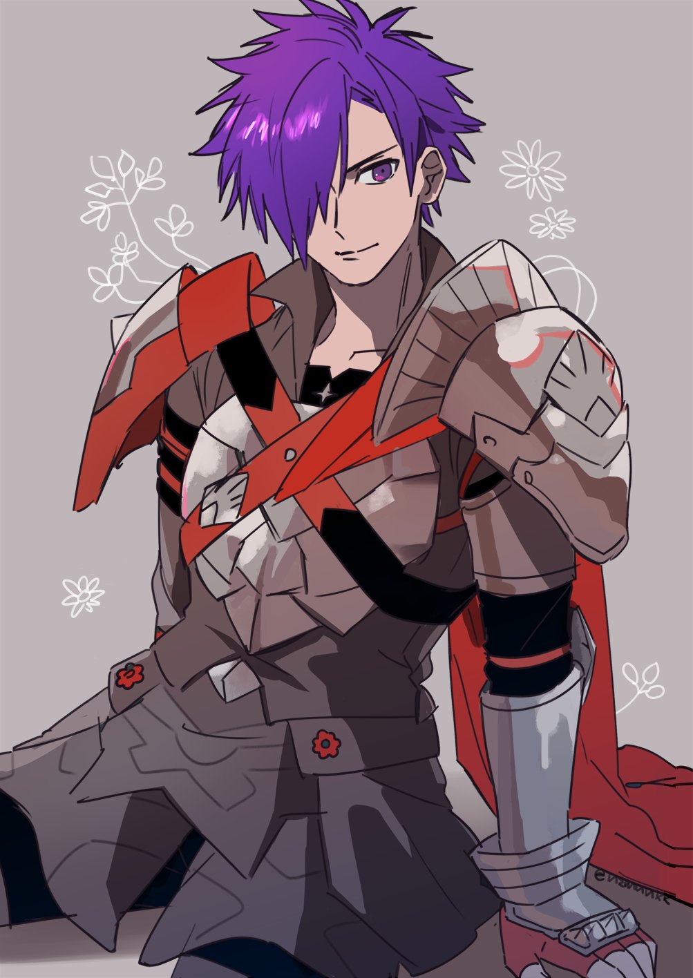 1boy armor black_shirt breastplate cape closed_mouth collarbone collared_shirt commentary_request faulds fire_emblem fire_emblem:_three_houses fire_emblem_warriors:_three_hopes grey_background hair_over_one_eye highres looking_to_the_side male_focus male_shez_(fire_emblem) nintendo nzmnnkk one_eye_covered open_collar parted_bangs pauldrons purple_eyes purple_hair red_cape shirt short_hair shoulder_armor sideways_glance sitting solo wing_collar