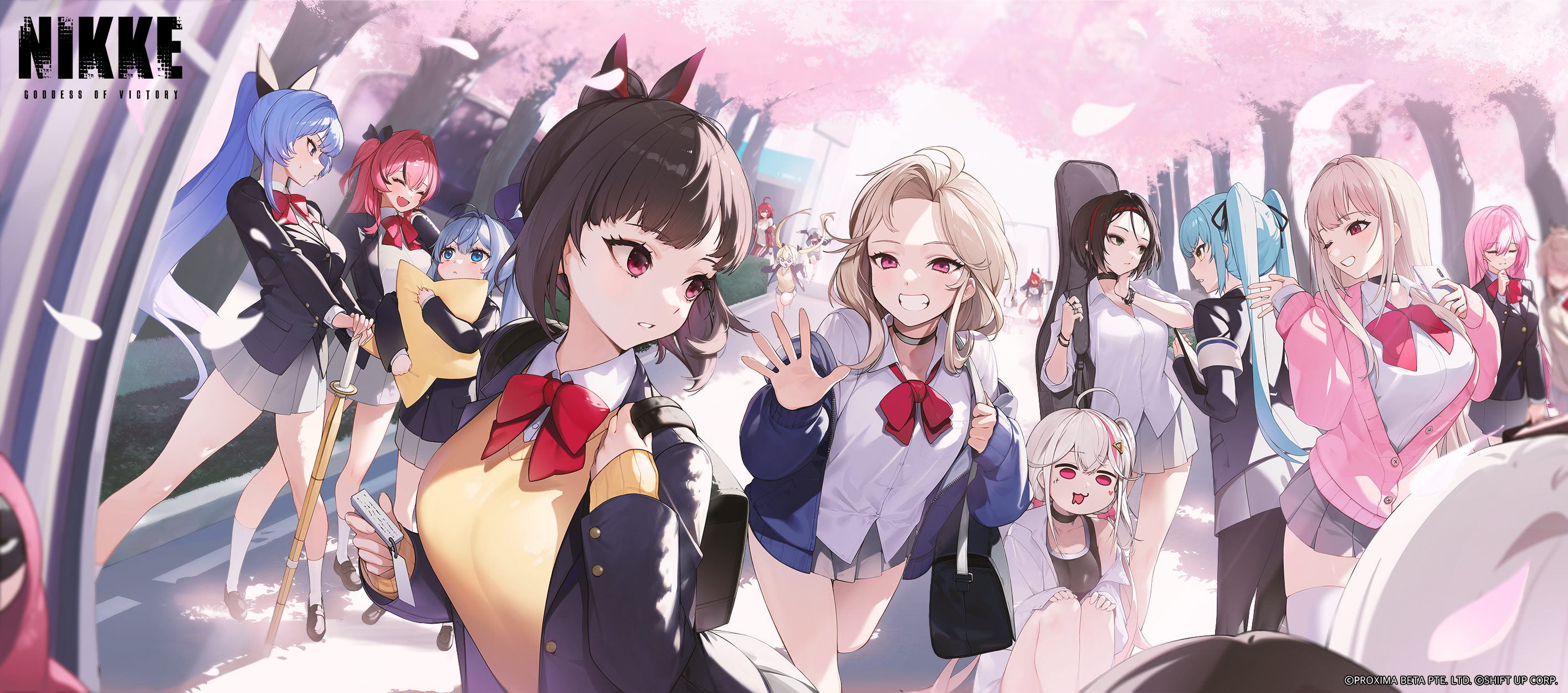 6+girls :3 aegis_(nikke) ahoge alternate_costume anchor_(nikke) aqua_hair bag blazer blonde_hair blue_eyes blue_hair bow bowtie bracelet breasts brown_eyes brown_hair cardigan cellphone chasing cherry_blossoms choker closed_eyes collared_shirt commentary crow_(nikke) drake_(nikke) ein_(nikke) english_commentary exotic_(nikke) fang frima_(nikke) gate goddess_of_victory:_nikke green_eyes green_skirt grin guitar_case hair_ornament hair_ribbon hairclip hand_up hands_up heart hedge helm_(nikke) highres holding holding_bag holding_phone horns instrument_case jackal_(nikke) jacket jewelry laplace_(nikke) large_breasts leggings loafers long_hair long_sleeves looking_back mast_(nikke) multicolored_hair multiple_girls nihilister_(nikke) note_cards official_alternate_costume official_art one_eye_closed outdoors pants partially_unbuttoned petals phone pink_hair pinne_(nikke) pleated_skirt ponytail privaty_(nikke) red_eyes red_hair red_hood_(nikke) ribbon running saliva school school_bag school_uniform shinai shirt shoes short_hair skin_fang skirt sleep_mask sleeping sleeping_bag sleeves_rolled_up smartphone smile snow_white_(innocent_days)_(nikke) snow_white_(nikke) socks sports_bra star_(symbol) streaked_hair sword thighhighs track_jacket track_pants tree twintails unbuttoned unbuttoned_shirt very_long_hair vest viper_(nikke) waving weapon white_hair wing_collar zettai_ryouiki zwei_(nikke)