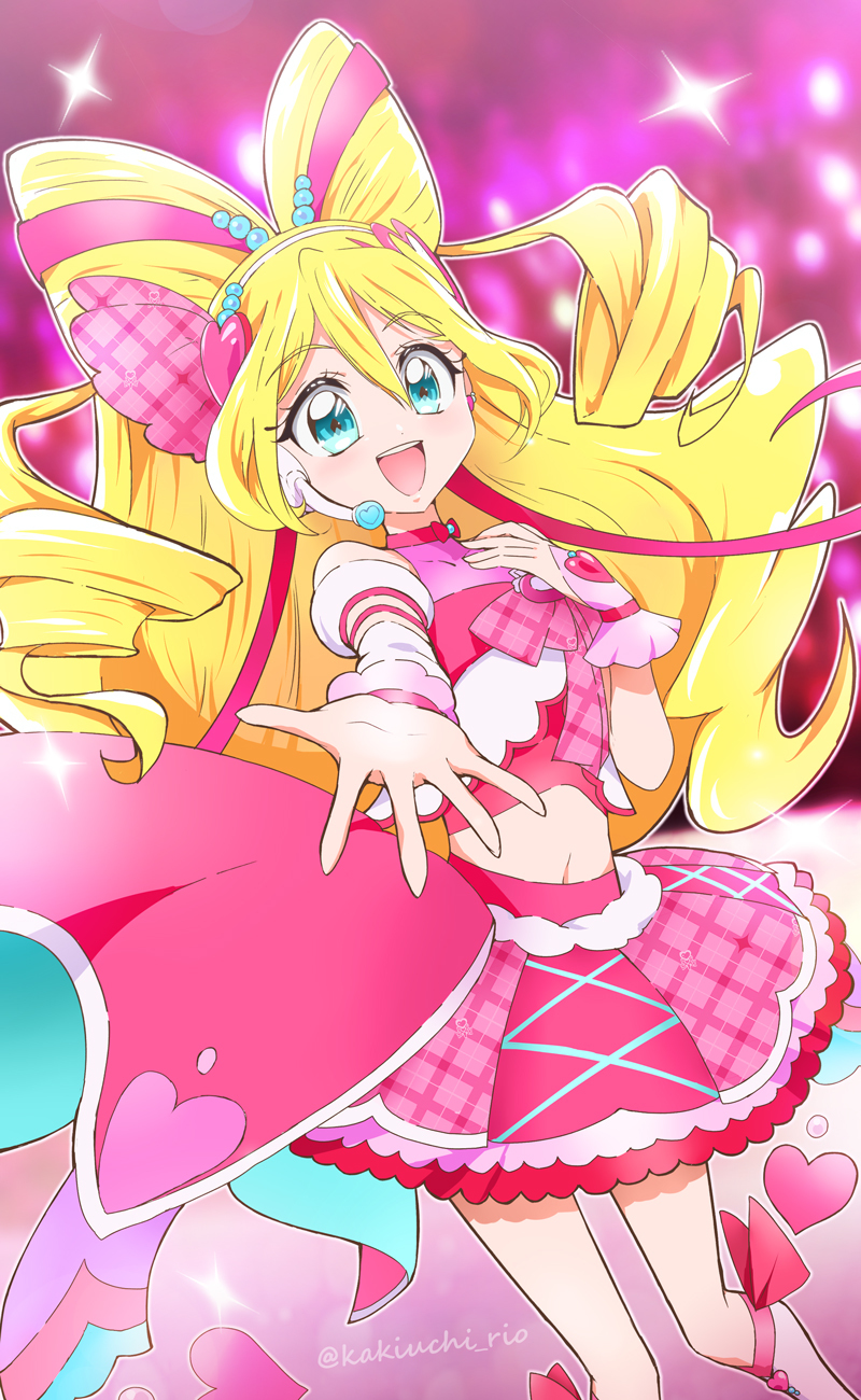 1girl :d anime_coloring arm_warmers blonde_hair blue_eyes blush boots bow bow-shaped_hair bridal_gauntlets brooch collarbone commentary crop_top cure_idol detached_sleeves drill_hair dutch_angle earrings feet_out_of_frame hair_between_eyes hair_bun hair_ornament hair_ribbon hairband hand_on_own_chest headset heart heart_brooch heart_earrings heart_hair_bun heart_hair_ornament highres idol idol_heart_brooch impossible_hair jewelry kakiuchi_itsuki kimi_to_idol_precure knee_boots long_hair looking_at_viewer magical_girl midriff multicolored_boots navel open_hand open_mouth outstretched_arm outstretched_hand pink_background pink_bridal_gauntlets pink_ribbon pink_skirt pink_wrist_cuffs plaid_bow plaid_clothes plaid_skirt precure puffy_detached_sleeves puffy_sleeves reaching reaching_towards_viewer ribbon sakura_uta_(precure) single_arm_warmer single_earring skirt smile solo sparkle sparkle_background spread_fingers stage standing twin_drills twitter_username two-tone_boots white_arm_warmers white_boots white_hairband wrist_cuffs