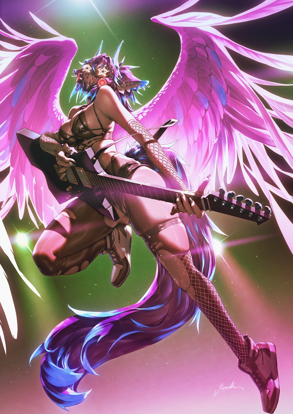 1girl animal_ear_fluff animal_ears breasts commentary_request commission detached_sleeves fantasy feathered_wings fishnet_sleeves fishnet_thighhighs fishnets full_body guitar highres holding holding_guitar holding_instrument instrument kionaoki knee_up large_breasts mask music original pantyhose pink_wings playing_guitar playing_instrument shoes single_thighhigh sneakers solo tail thighhighs thighhighs_over_pantyhose torn_clothes torn_pantyhose wings