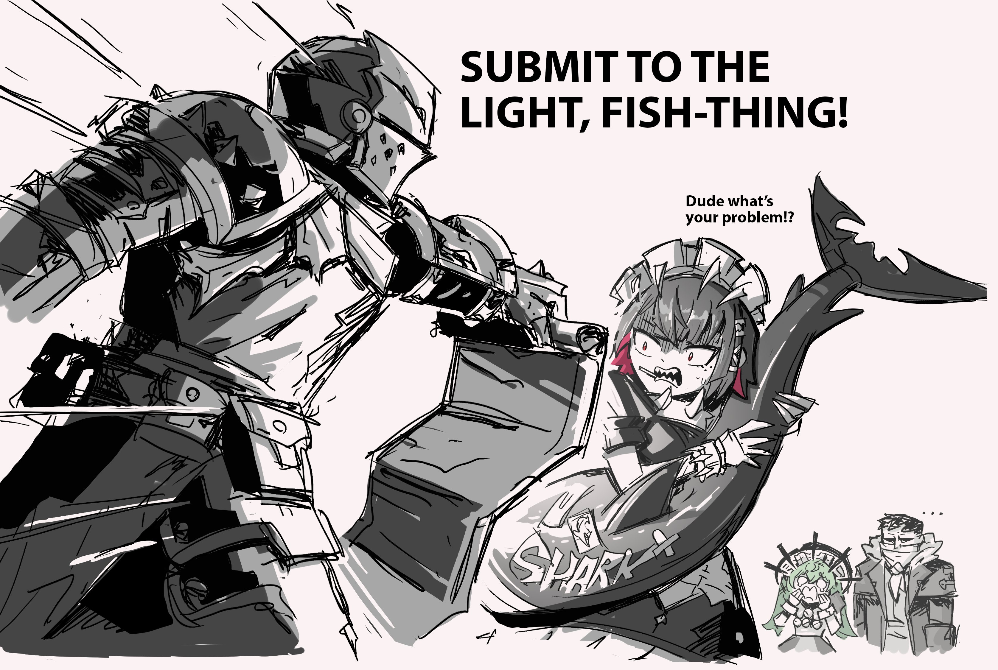 2boys 2girls absurdres affliction_(darkest_dungeon) armor bandana bandana_over_mouth belt black_hair blue_tabard coat corin_wickes crusader_(darkest_dungeon) darkest_dungeon ellen_joe english_text fins fish_tail fur_trim gloves green_hair headgear helm helmet highres highwayman_(darkest_dungeon) holding knight maid maid_headdress marvin_seo medium_hair multiple_boys multiple_girls overcoat pauldrons scale_armor shark shark_girl shark_tail short_hair short_sleeves shoulder_armor tabard tail zenless_zone_zero