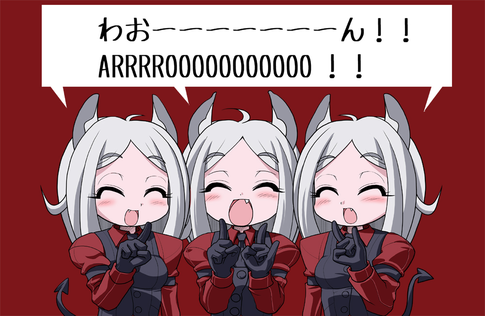 3girls animal_ears bilingual_text black_gloves black_vest cerberus_(helltaker) demon_girl demon_tail dog_ears dog_girl fallout fallout_3 fang gloves hachimyaku helltaker howling long_hair looking_at_viewer mixed-language_text multilingual_text multiple_girls necktie red_eyes red_shirt shirt smile tail triplets vest waistcoat white_hair