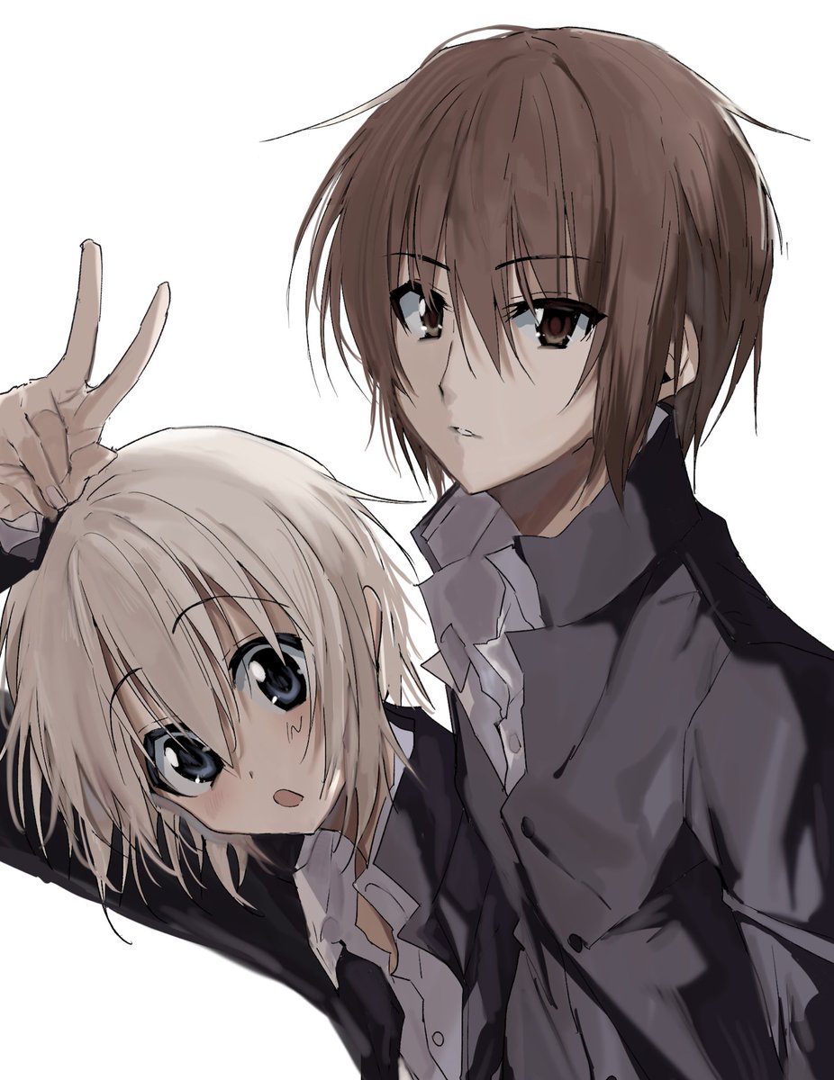 2boys blue_eyes brown_eyes brown_hair highres kasukasugom1 kusanagi_naoya looking_at_viewer multiple_boys natsume_kei_(sakura_no_uta) open_mouth raised_eyebrows sakura_no_uta school_uniform shirt short_hair simple_background v white_background white_hair white_shirt