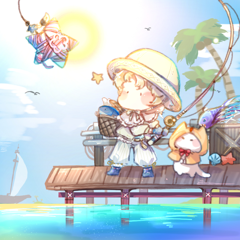 1girl androgynous animal baggy_pants basket black_eyes blonde_hair blue_footwear blue_gloves blue_shirt blue_sky blush_stickers boat boots bow bowtie box capelet cat chibi chinese_commentary cloak clothed_animal cloud coconut commentary_request day dock fish fishing fishing_rod frilled_capelet frilled_jacket frills gloves grey_capelet grey_jacket hat holding holding_fishing_rod hood hood_up hooded_cloak infinity_nikki interruption jacket long_sleeves looking_at_object midriff momo_(nikki) nikki_(nikki) nikki_(series) no_mouth ocean open_clothes open_jacket outdoors palm_tree pants puffy_long_sleeves puffy_sleeves red_bow red_bowtie rippling_serenity_(infinity_nikki) sailboat seashell shell shirt short_hair simple_bird sky solid_circle_eyes standing star_(symbol) starfish striped_clothes striped_pants sun tree vertical-striped_clothes vertical-striped_pants watercraft white_bow white_bowtie white_cat white_hat white_pants yarn yellow_cloak