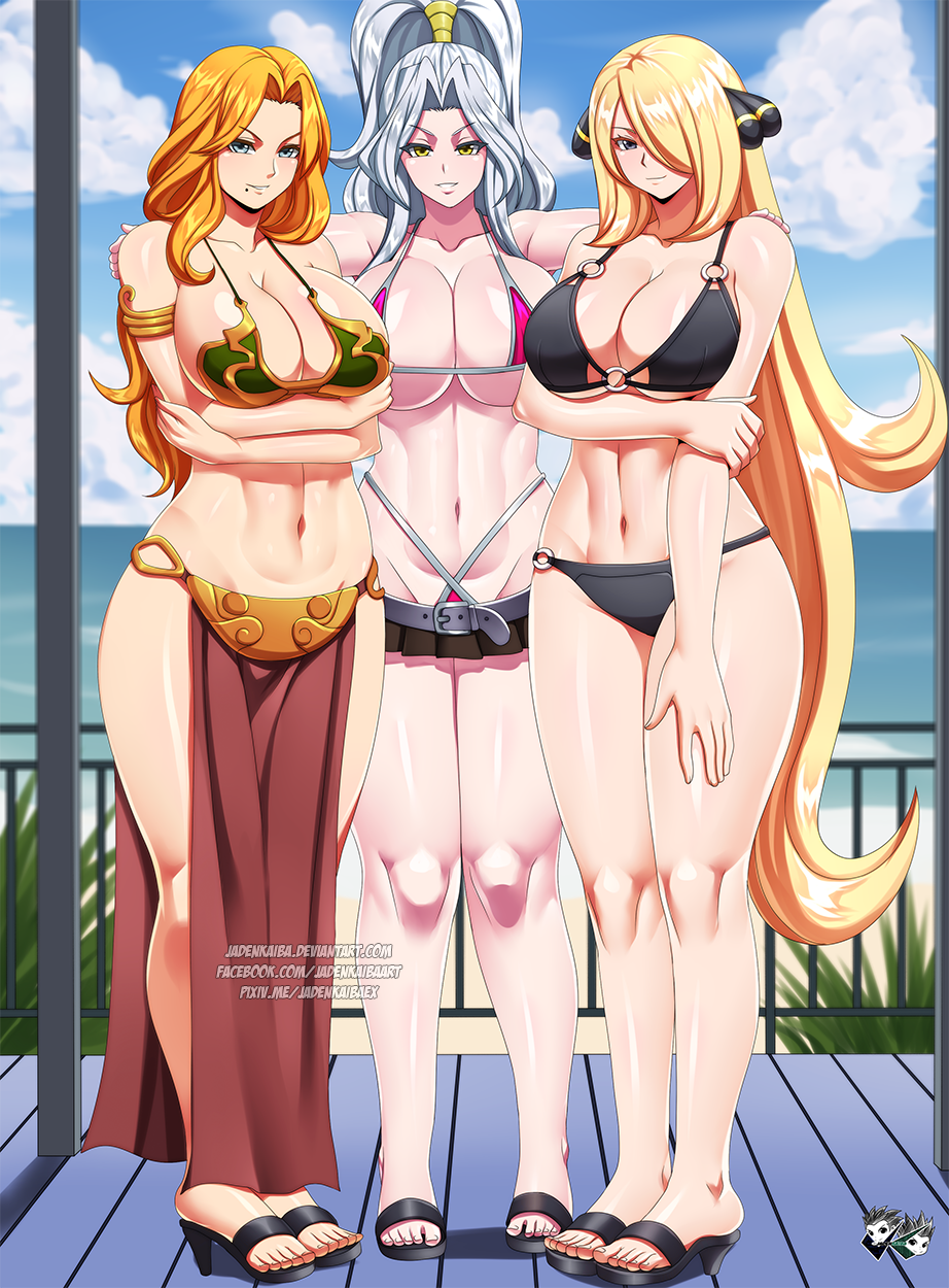 3girls beach bikini bleach blonde_hair blue_eyes breasts cloud cosplay crossover cynthia_(pokemon) gensou_suikoden hand_on_another&#039;s_shoulder hands_on_shoulder highres huge_breasts huttslayer_leia huttslayer_leia_(cosplay) jadenkaiba jeane_(suikoden) large_breasts long_hair looking_at_viewer matsumoto_rangiku multiple_girls nintendo ocean orange_hair pokemon pokemon_dppt princess_leia princess_leia_(cosplay) sandals slave smile star_wars swimsuit water white_hair wide_hips yellow_eyes