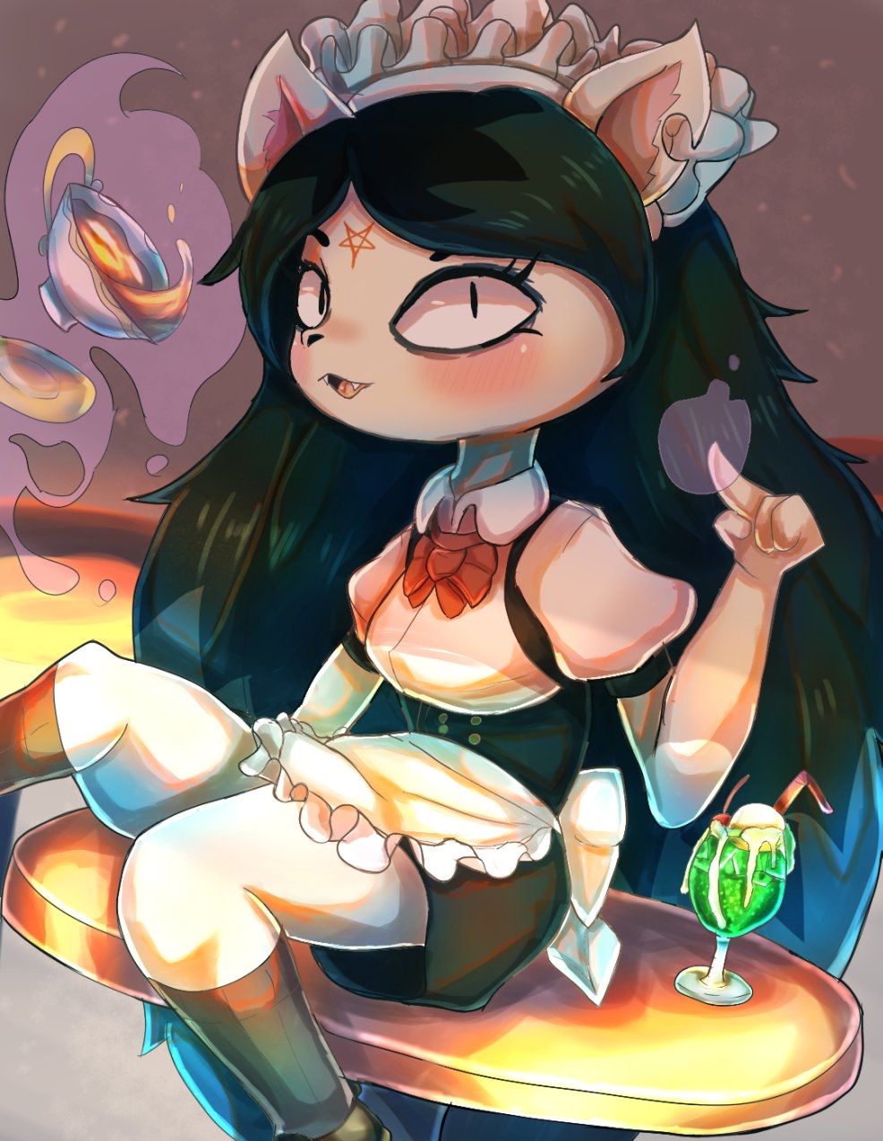 1girl animal_ears apron black_hair breasts cat_ears cat_girl claire_d&#039;lune crooked_navel cup dress eyeshadow facial_mark fangs forehead_mark highres long_hair magic maid maid_apron maid_headdress makeup mascara pentagram short_sleeves slushie table tea teacup telekinesis the_summoning very_long_hair