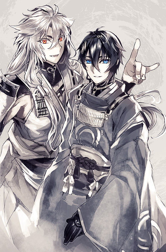 10s 2boys black_gloves blue_eyes fox_shadow_puppet gloves japanese_clothes kogitsunemaru male_focus mikazuki_munechika monochrome multiple_boys open_mouth red_eyes smile spot_color tenkuu_sphere touken_ranbu