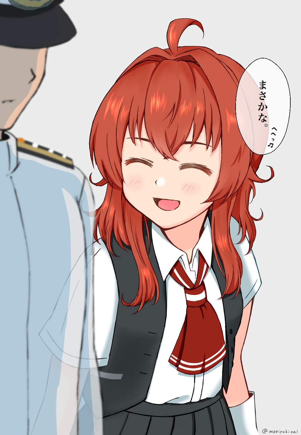 1boy 1girl admiral_(kancolle) ahoge arashi_(kancolle) ascot black_skirt black_vest closed_eyes collared_shirt commentary_request dress_shirt gloves grey_background highres ichigosaki_nal kantai_collection medium_hair pleated_skirt red_ascot red_hair school_uniform shirt short_sleeves skirt smile translation_request upper_body vest white_gloves white_shirt
