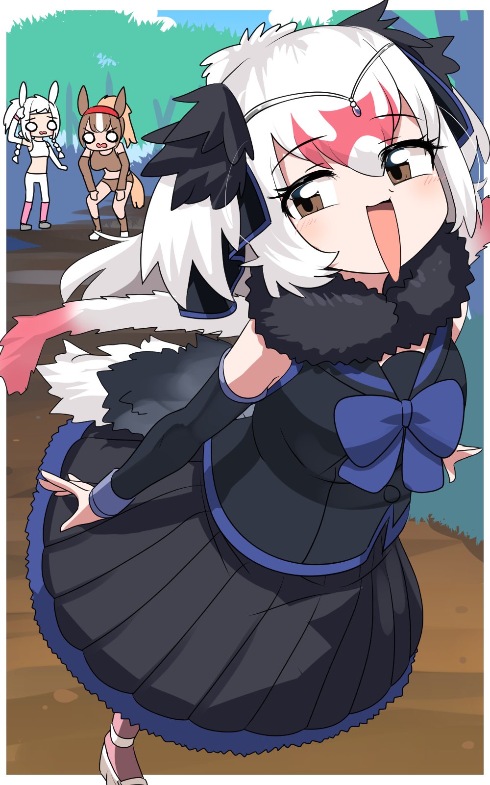3girls animal_ears bird_girl bird_tail bird_wings black_dress black_fur black_hair blue_bow blue_bowtie blue_trim blush bow bowtie brown_buruma brown_eyes brown_hair brown_socks brown_sports_bra brown_thoroughbred_(kemono_friends) buruma detached_sleeves dress elbow_gloves exhausted fur_collar gloves hair_between_eyes hands_on_own_knees head_chain head_wings headgear highres horse_ears horse_girl horse_tail jewelry kemono_friends leg_warmers leggings lets0020 midriff multicolored_hair multiple_girls ostrich_(kemono_friends) pantyhose pink_leg_warmers pink_pantyhose pleated_dress ponytail red_hair running sailor_collar short_hair sidelocks socks sports_bra sportswear tail white_gloves white_hair white_leggings white_sports_bra white_thoroughbred_(kemono_friends) wings