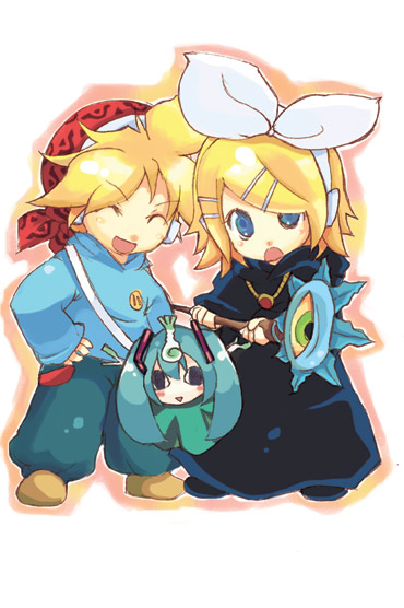 1boy 1girl bad_id bad_pixiv_id brother_and_sister cosplay eyeball gipple gipple_(cosplay) hatsune_miku himukai_yuusuke kagamine_len kagamine_rin kukuri_(cosplay) kukuri_(mahoujin_guruguru) mahoujin_guruguru nike_(mahoujin_guruguru) nike_(mahoujin_guruguru)_(cosplay) parody siblings twins vocaloid