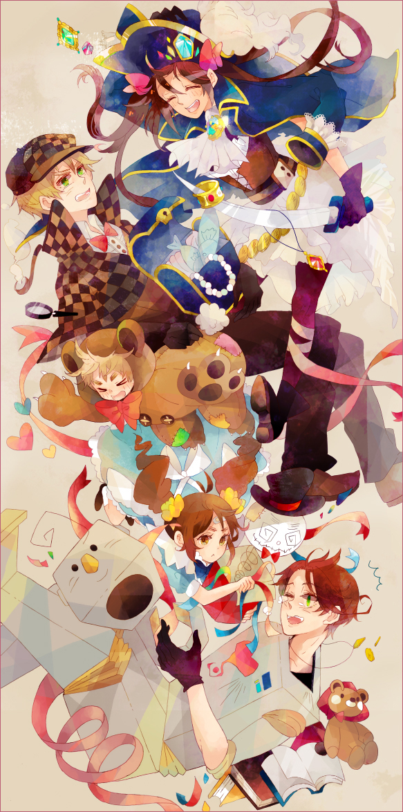 2girls 3boys ^_^ ahoge alternate_costume alternate_hairstyle animal_costume apron ascot axis_powers_hetalia bandaid bear_costume bicorne blonde_hair blush_stickers book border bow bowtie box bracelet brooch brown_hair buttons capelet captain_hook captain_hook_(cosplay) cardboard_box child claws closed_eyes confetti corset cosplay deerstalker dress eyebrows falling fang fish frown gem gloves gold green_eyes hair_ribbon hand_on_headwear happy hat hat_feather heart hood jacket jacket_on_shoulders jewelry long_hair multiple_boys multiple_girls necklace one_eye_closed open_book open_mouth outstretched_arms pants pantyhose pirate principality_of_seborga_(hetalia) principality_of_wy_(hetalia) puffy_sleeves purple_legwear ribbon robot saber_(weapon) scrunchie sealand_(hetalia) seychelles_(hetalia) sherlock_holmes sherlock_holmes_(cosplay) short_hair short_twintails skirt smile smoking_pipe stuffed_animal stuffed_toy sword teddy_bear teeth the_adventures_of_sherlock_holmes thick_eyebrows top_hat treasure_chest twintails united_kingdom_(hetalia) very_long_hair wakoku_nito wavy_hair weapon white_legwear wink yellow_eyes