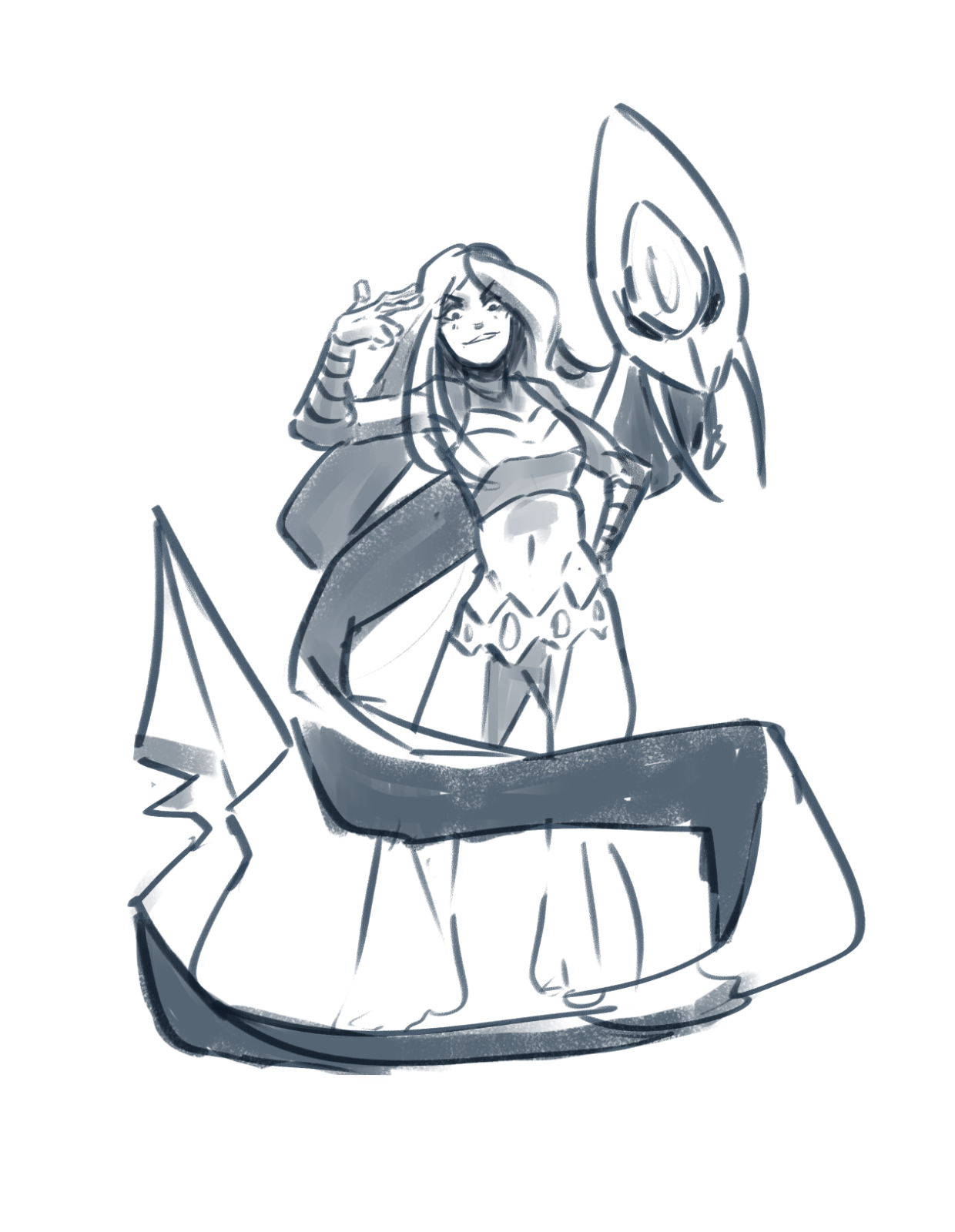 belt crop_top drawfag finger_gun finger_gun_to_head frontier_brain gen_3_pokemon gloves highres long_hair lucy_(pokemon) midriff monochrome nintendo pants pokemon pokemon_(creature) pokemon_emerald pokemon_rse seviper simple_background sketch smile smirk white_background