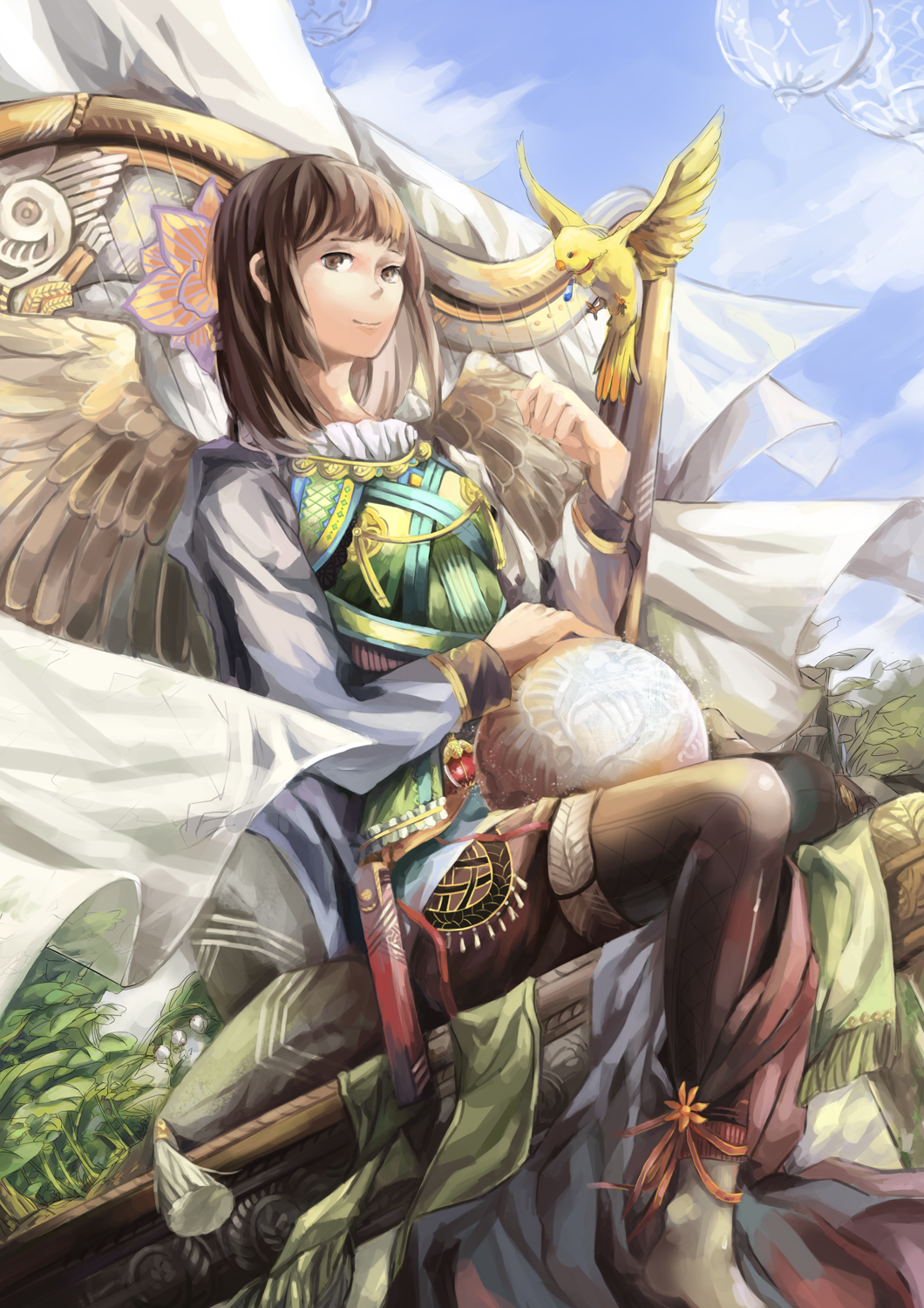 1girl aleya alternate_costume bad_id bad_pixiv_id ball bird brown_eyes brown_hair deuce_(fft-0) final_fantasy final_fantasy_type-0 harp highres instrument long_hair wings
